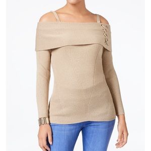 Thalia Sodi Gold Metallic Cold Shoulder Sweater, Size M